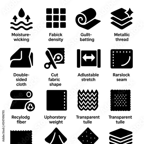 Fabric Icon Collection. Solid style icons of fabric: moisture-wicking material, fabric density icon, quilt batting roll, metallic