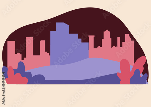 Stylized city skyline at dusk with abstract urban park landscape. Modern flat design illustration for urban environment and lifestyle concept.