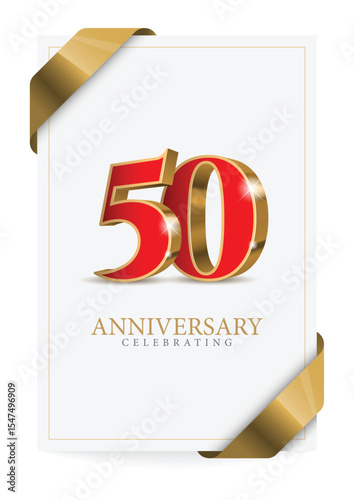 Anniversary 50. red 3d numbers. Poster template for Celebrating 50 anniversary event party. Vector illustration