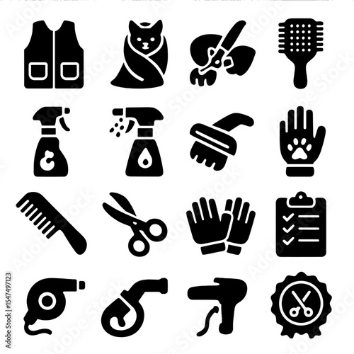 Pet Grooming Icons. Solid style icons of pet grooming: pet grooming vest, drying towel wrap, claw trimming icon, bristle brush,