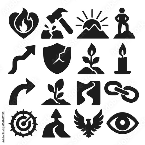 Perseverance Symbol Icons. Solid style icons of perseverance symbols: flame inside heart, hammer breaking rock, sunrise over