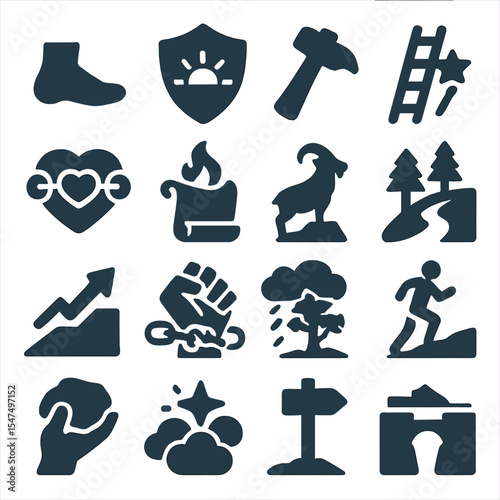 Perseverance Icons Collection. Solid style icons of perseverance symbols: foot stepping forward, shield with rising sun, hammer in