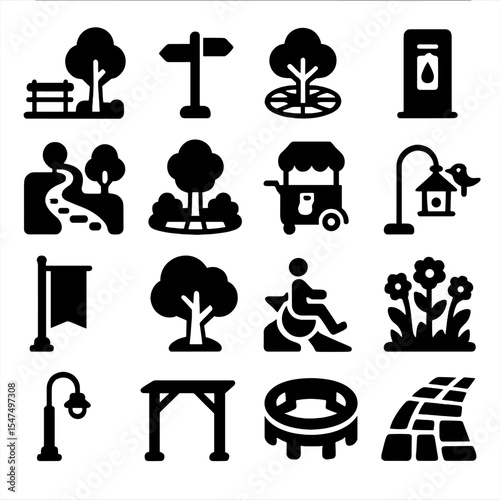 Urban Park Icons. Solid style icons of urban and park: compact city park, street signpost, tree circle grate, water refill station