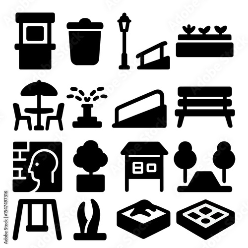 Urban Icons Collection. Solid style icons of urban and park: information kiosk, trash bin with lid, lamp post icon, urban garden