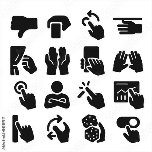 Hand Gesture Icons. Solid style icons of hand gestures: hand giving thumbs sideways, gripping edge gesture, rotating two fingers,