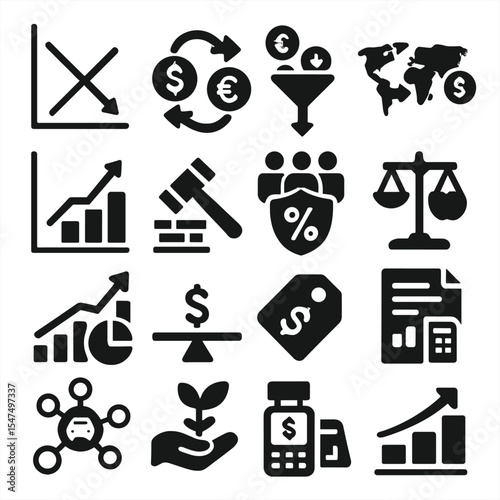 Economy Icons Compilation. Solid style icons of economy: price elasticity graph, exchange rate arrows, investment inflow funnel,