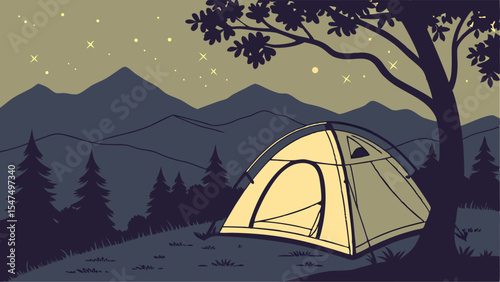 Night camping tent under starry sky mountains trees nature landscape peaceful outdoor scene