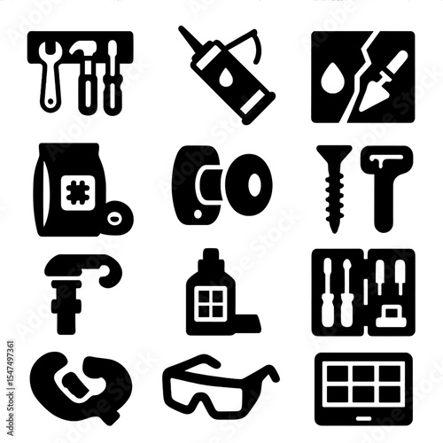 DIY Tools Icons. Solid style icons of home improvement and DIY: wall-mounted tool rack, caulking sealant tube, waterproof paint