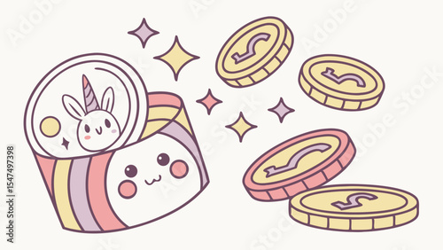 Cute Kawaii cartoon illustration of a rainbow wallet spilling gold coins and a magical unicorn coin.