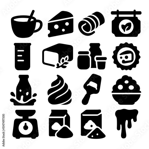 Solid Dairy Icons. Solid style icons of dairy and milk: milky tea icon, hard cheese wheel cut, butter curl icon, dairy shop