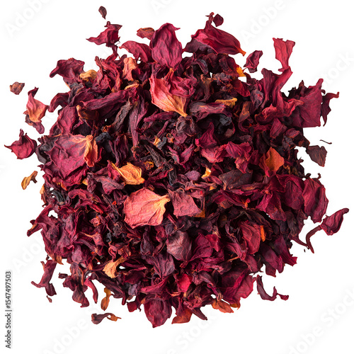 Whole dried hibiscus petals used in teas, scattered, isolated PNG with transparent background