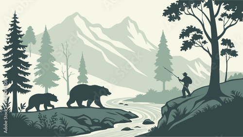 Bears and fisherman river nature landscape mountains forest outdoor wildlife adventure illustration vector