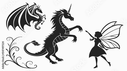 Silhouette fantasy creatures dragon fairy mythical magic tale story legend mystical design set