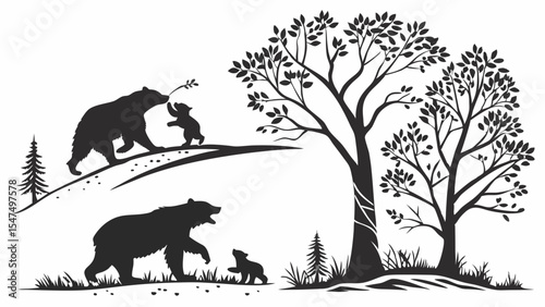 Bear family silhouette mother bear and cub nature forest wildlife animal outdoor landscape.