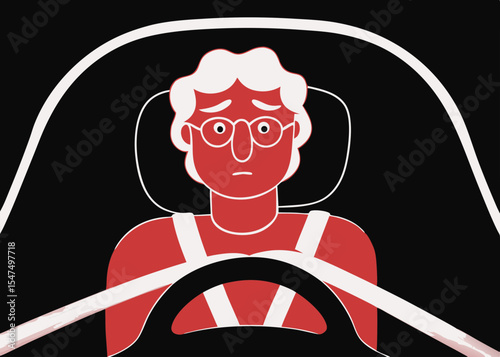Worried person driving a car, red and black illustration, for safety campaigns