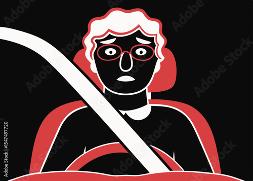 Elderly woman driving, showing concern, safety, for presentations