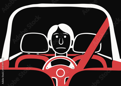 Person driving car, safety illustration, red and black, for safety campaigns