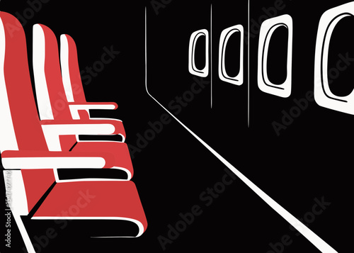 Airplane seats in minimalist style, red and white, for travel brochures