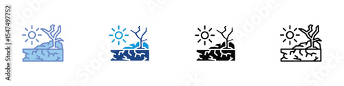 Drought and Dry Land Icon Set - Sun, Cracked Earth, and Dead Tree Symbols in Color, Flat, and Outline Styles for Web and App Design
