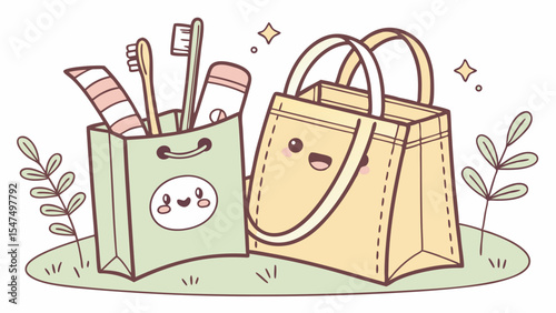 Cute cartoon illustration of bags. Kawaii style graphic with hygiene items and eco friendly reusable tote bag. Travel and shopping.