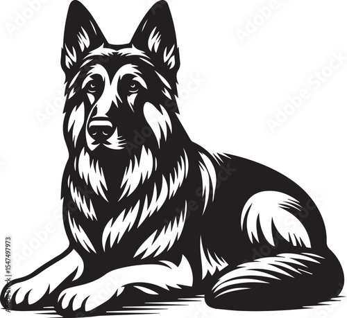 German Shepherd Dog Silhouette Vector | Black and White Illustration	