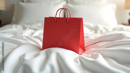 Bright red paper shopping bag with handles placed on soft white bedding in cozy minimalist bedroom setting, close up