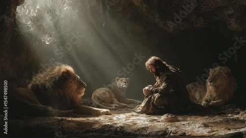 A serene cave scene illuminated by soft light, featuring Daniel in prayer surrounded by lions, evoking themes of faith and companionship. From the Book of Daniel in the Bible.