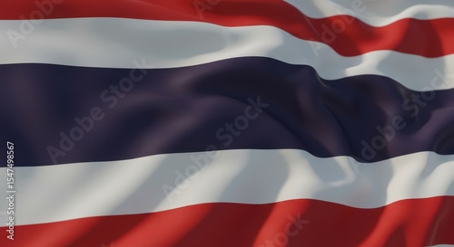 Close-up shot of the national flag of Thailand, waving in the wind, detailed fabric texture, sunlight softly reflecting on the folds, cinematic lighting, shallow depth of field, realistic wind movemen