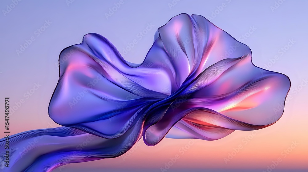 Obraz premium Flowing silk fabric in purple and blue hues against sunset sky background creates ethereal floating effect with gentle folds and smooth curves.