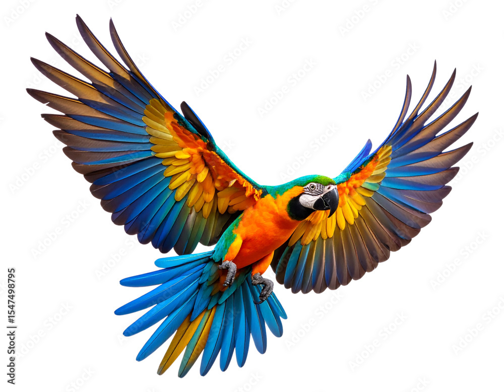 Fototapeta premium Colorful Bird in Graceful Flight with Wings Spread on Clear Background