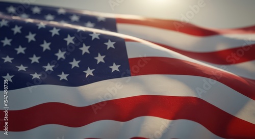 Close-up of the American flag blowing in the wind, high-detail stars and stripes, sun rays reflecting off textured fabric, depth of field, cinematic look, ultra-realistic.