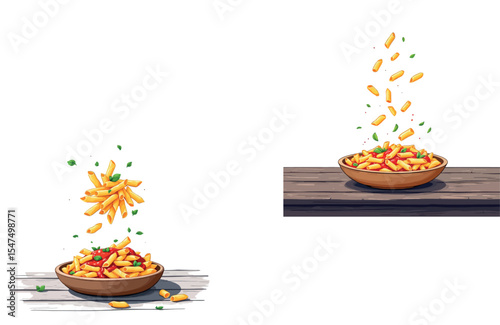 Vsai penne with tomato sauce falling into wooden bowl