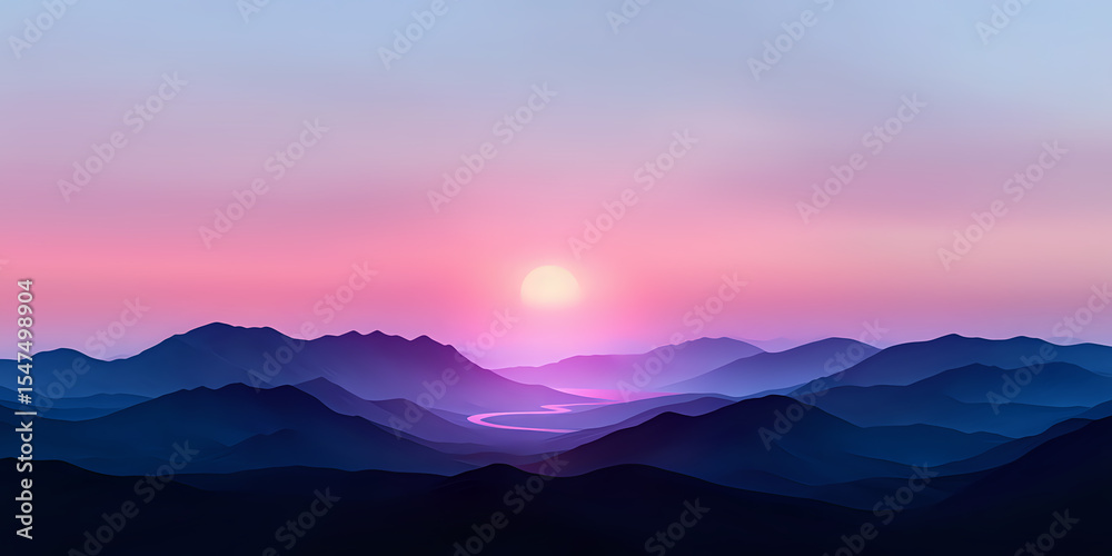 Obraz premium Tranquil mountain landscape at sunrise with layered peaks silhouetted against pink and purple sky, creating atmospheric depth and peaceful natural scenery.