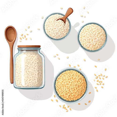 Vsai sesame seeds in glass jar and bowls with wooden spoon and scoop