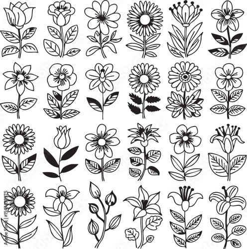 Collection of twenty four black and white flower illustrations