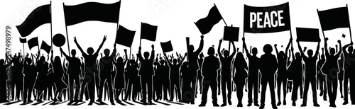 Group of people protesters vector silhouette illustration isolated. Man hand holding sign. Empty banner plate. Blank protest flag. Political agitation campaign. Demonstration social laborers rights