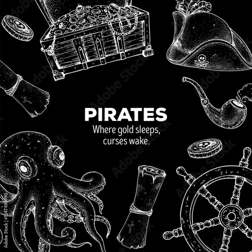 Vintage pirate border. Hand drawn sketch style vector. Old sea map template with nautical elements. Ideal for pirate party invitations, labels, and design projects. Chalkboard style
