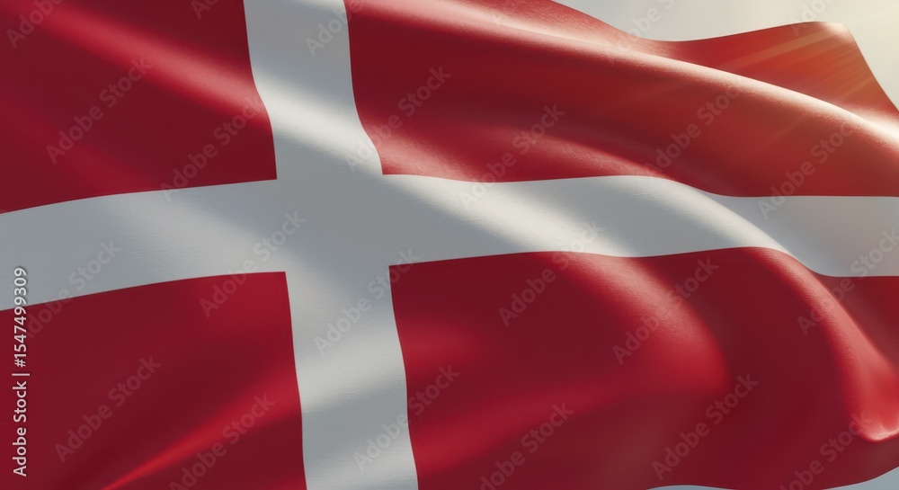 Fototapeta premium Close-up shot of the national flag of Denmark, waving in the wind, detailed fabric texture, sunlight softly reflecting on the folds, cinematic lighting, shallow depth of field, realistic wind movement