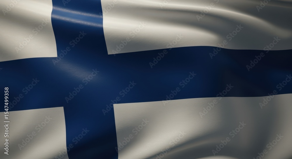 Close-up shot of the national flag of Finland, waving in the wind, detailed fabric texture, sunlight softly reflecting on the folds, cinematic lighting, shallow depth of field, realistic wind movement Close-up shot of the national flag of Finland, waving in the wind, detailed fabric texture, sunlight softly reflecting on the folds, cinematic lighting, shallow depth of field, realistic wind movement