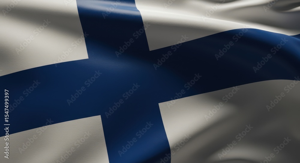 Close-up shot of the national flag of Finland, waving in the wind, detailed fabric texture, sunlight softly reflecting on the folds, cinematic lighting, shallow depth of field, realistic wind movement Close-up shot of the national flag of Finland, waving in the wind, detailed fabric texture, sunlight softly reflecting on the folds, cinematic lighting, shallow depth of field, realistic wind movement