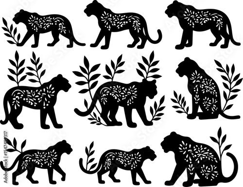 Tiger Vector Stylized Leopard Silhouettes with Foliage Design 