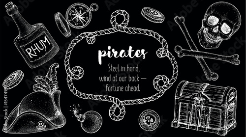 Marine frame with pirate symbols. Hand drawn vector art. Sea adventure template. Great for themed graphics and children's illustrations. Hand drawn sketches. Chalkboard style
