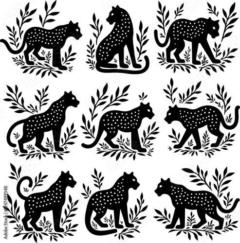 Tiger Vector Stylized Leopard Silhouettes with Foliage Design 