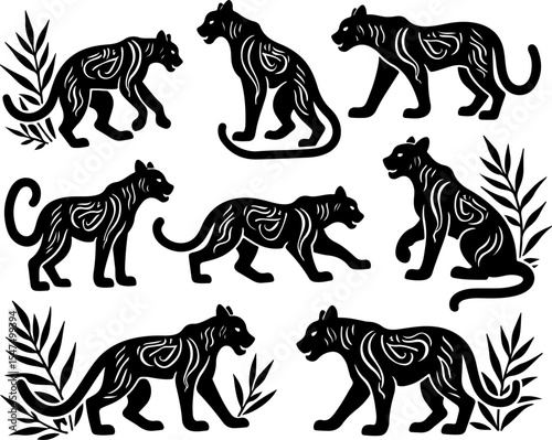 Tiger Vector Stylized Leopard Silhouettes with Foliage Design 