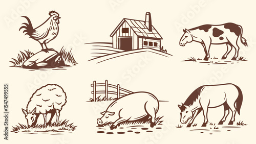 Farm animals and barn hand drawn sketch collection. Vintage agriculture and rural life illustration set.