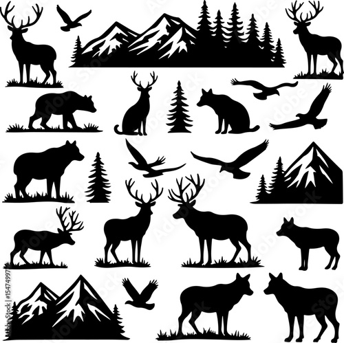 Wildlife and Nature Silhouettes in Forest and Mountain Scenery