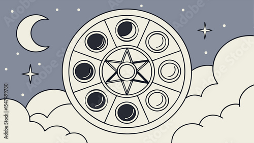 Celestial moon phases wheel spiritual astrology symbol illustration night sky stars and crescent moon