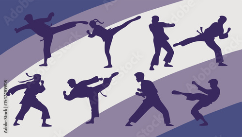 Martial arts silhouettes dynamic kicks and poses training exercise self defense sport fitness action