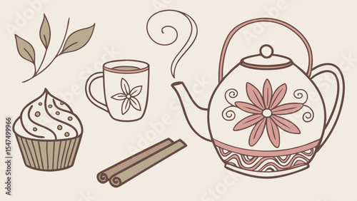 Cozy tea time illustration. Hand drawn teapot, teacup, cupcake, cinnamon sticks, tea leaves. Sweet dessert and beverage.