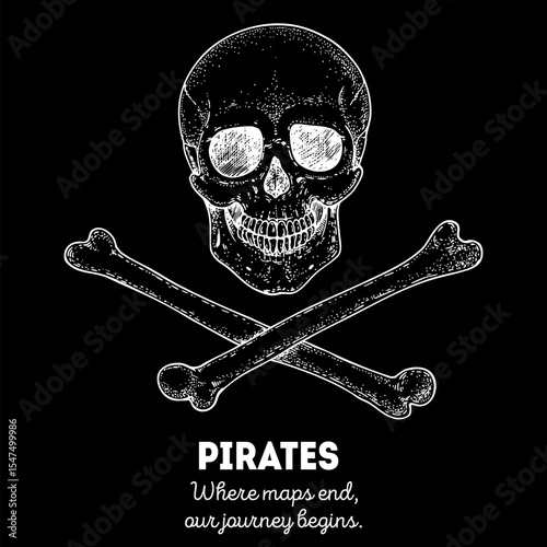 Pirate skull with crossbones sketch. Hand drawn vector illustration. Vintage design. Chalkboard style